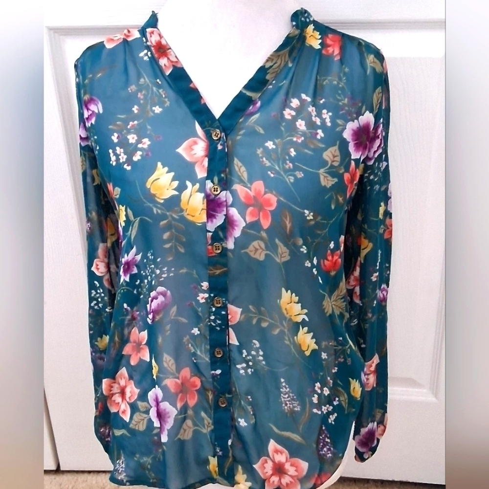 Floral Teal Button-Up Women's Top